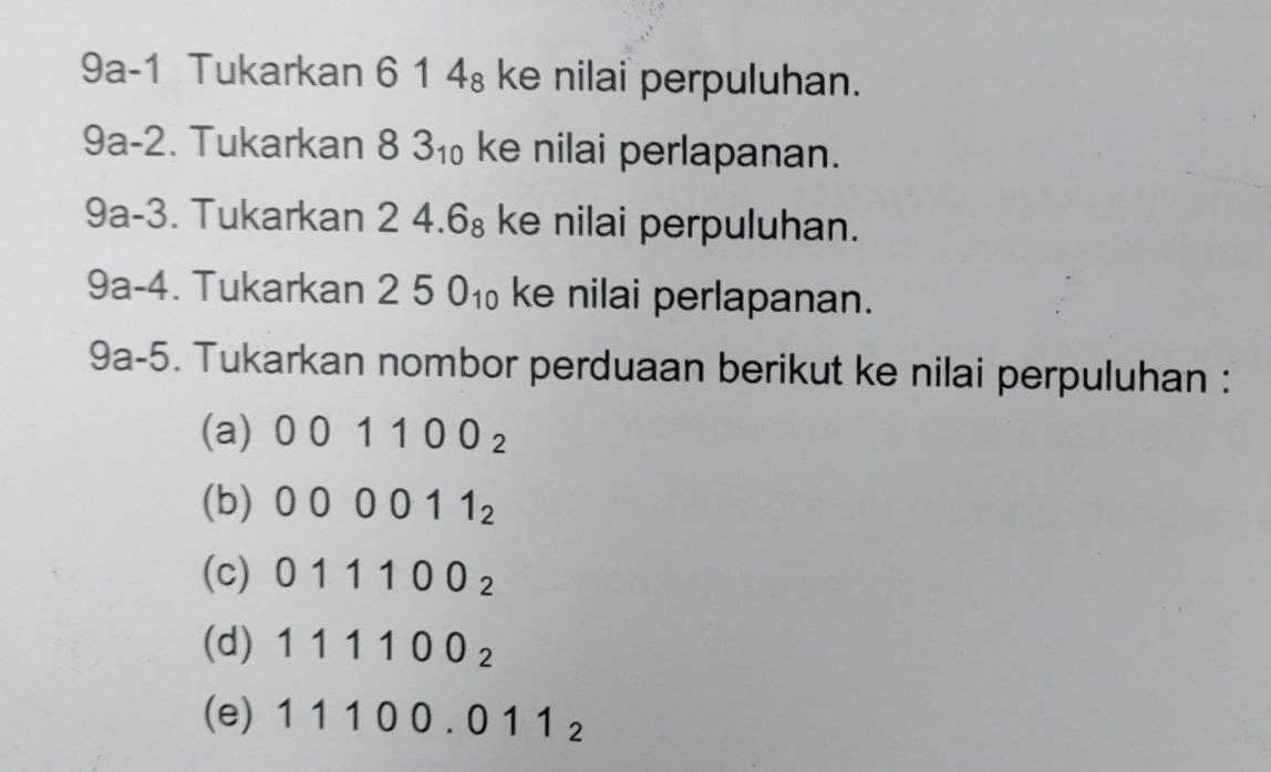 9a- -1 Tukarkan 6 1 4₈ ke nilai perpuluhan.
9a-2. Tukarkan 83_10 ke nilai perlapanan.
9a-3. Tukarkan 2 4.6_8 ke nilai perpuluhan.
9a-4. Tukarkan 250_10 ke nilai perlapanan.
9a- 5 5. Tukarkan nombor perduaan berikut ke nilai perpuluhan : 
(a) 001100_2
(b) 000011_2
(c) 011100_2
(d) 111100_2
(e) 11100.011_2