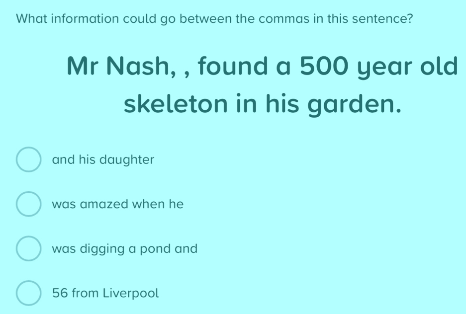 What information could go between the commas in this sentence?
Mr Nash, , found a 500 year old
skeleton in his garden.
and his daughter
was amazed when he
was digging a pond and
56 from Liverpool