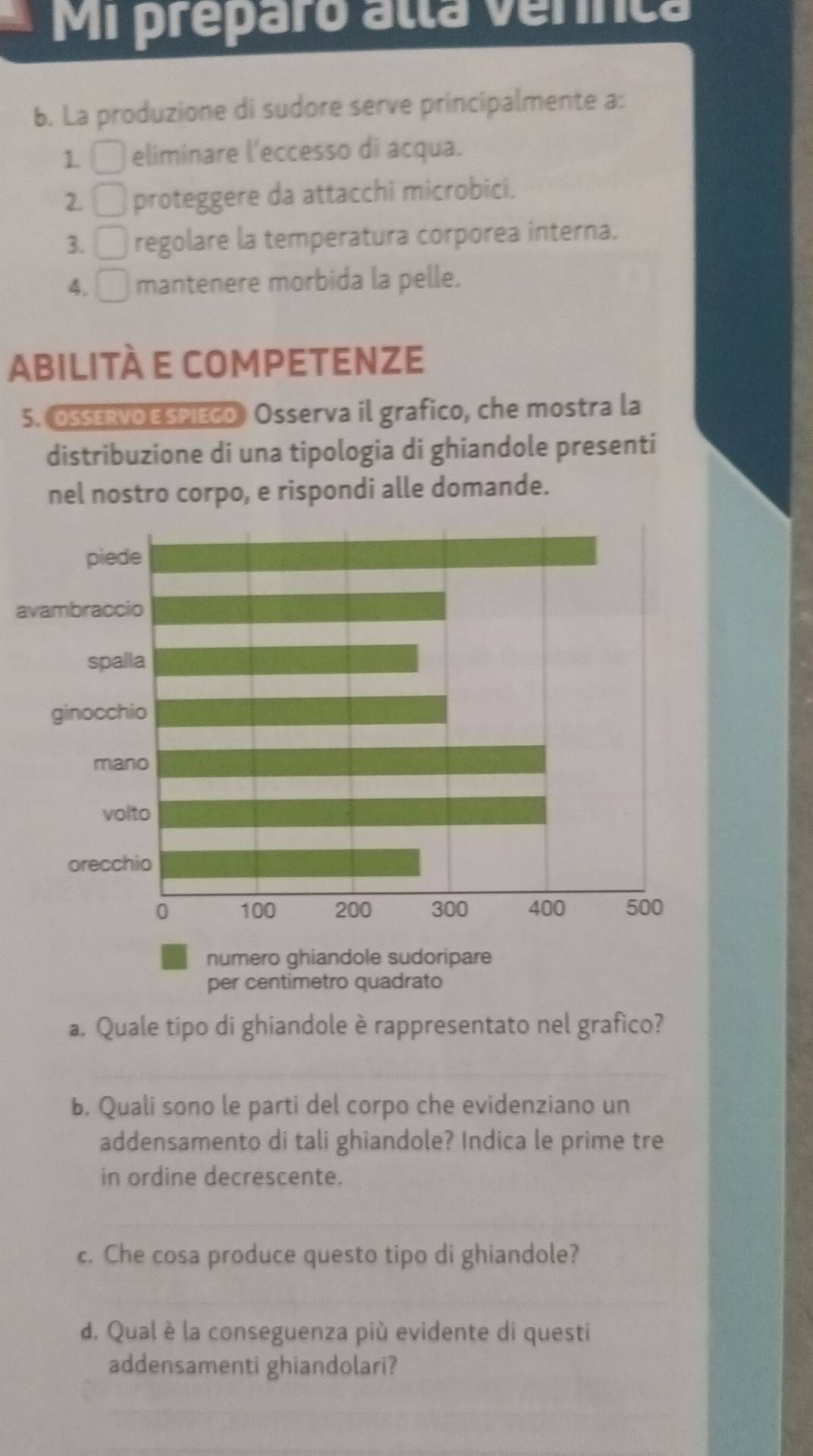 Mi preparo alta vernca 
b. La produzione di sudore serve principalmente a: 
1 □ eliminare l'eccesso di acqua. 
2. □ proteggere da attacchi microbici. 
3. □ regolare la temperatura corporea interna. 
4. □ mantenere morbida la pelle. 
abilità e competenze 
5. OSSERVO ESPIECO Osserva il grafico, che mostra la 
distribuzione di una tipologia di ghiandole presenti 
nel nostro corpo, e rispondi alle domande. 
a 
numero ghiandole sudoripare 
per centimetro quadrato 
a. Quale tipo di ghiandole è rappresentato nel grafico? 
_ 
b. Quali sono le parti del corpo che evidenziano un 
addensamento di tali ghiandole? Indica le prime tre 
in ordine decrescente. 
_ 
_ 
c. Che cosa produce questo tipo di ghiandole? 
_ 
_ 
d. Qual è la conseguenza più evidente di questi 
addensamenti ghiandolari?