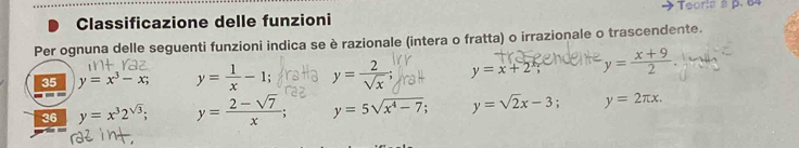 Classificazione delle funzioni Teorts à p. 64
Per ognuna delle seguenti funzioni indica se è razionale (intera o fratta) o irrazionale o trascendente.
35 y=x^3-x; y= 1/x -1; y= 2/sqrt(x)  y=x+2^x y= (x+9)/2 . 
--
36 y=x^32^(sqrt(3)); y= (2-sqrt(7))/x ; y=5sqrt(x^4-7); y=sqrt(2)x-3; y=2π x.