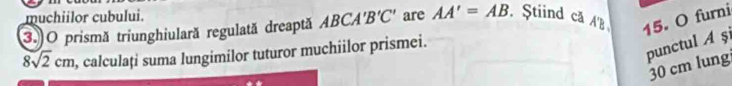 muchiilor cubului. 
3.)O prismă triunghiulară regulată dreaptă ABCA'B'C' are AA'=AB Stiind că A 
15. O furni 
punctul A ş
8sqrt(2)cm , calculați suma lungimilor tuturor muchiilor prismei.
30 cm lung