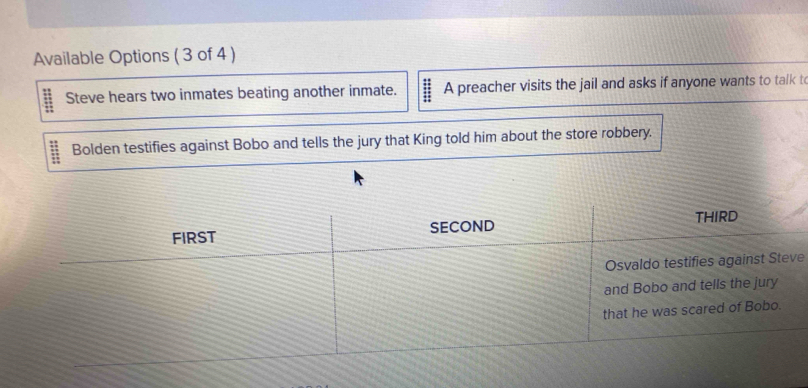 Available Options ( 3 of 4 ) 
Steve hears two inmates beating another inmate. A preacher visits the jail and asks if anyone wants to talk t 
Bolden testifies against Bobo and tells the jury that King told him about the store robbery. 
e