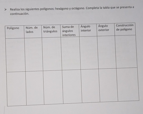 Realiza los siguientes polígonos: hexágono y octágono. Completa la tabla que se presenta a 
continuación.