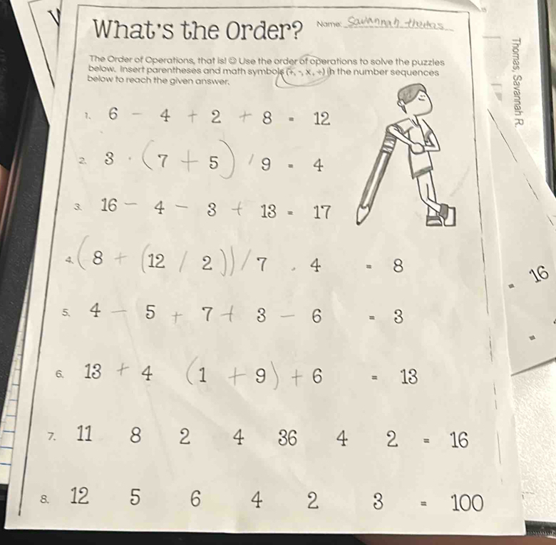 Solved: 5 √ What's the Order? Name:_ _ below. Insert parentheses and ...