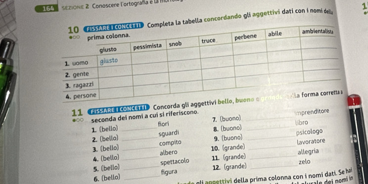 sEZIONE 2 Conoscere l'ortografa e la HI 
bella concordando gli aggettivi dati con i nomi delia frac circ  
11 FISSARET CONCETTI Concorda gli agge 
●○○ seconda dei nomi a cui si riferiscono. 
1. (bello) _fiori 7. (buono) __imprenditore 
2. (bello) _sguardi 8. (buono) _libro 
3. (bello) _compito 9. (buono) _psicologo 
4. (bello) albero 10. (grande) lavoratore 
5. (bello)_ spettacolo 11. (grande) _allegria 
6. (bello) __figura 12. (grande) _zelo 
n qi a ggettivi della prima colonna con i nomi dati. Se ha 
urale dei nomí in