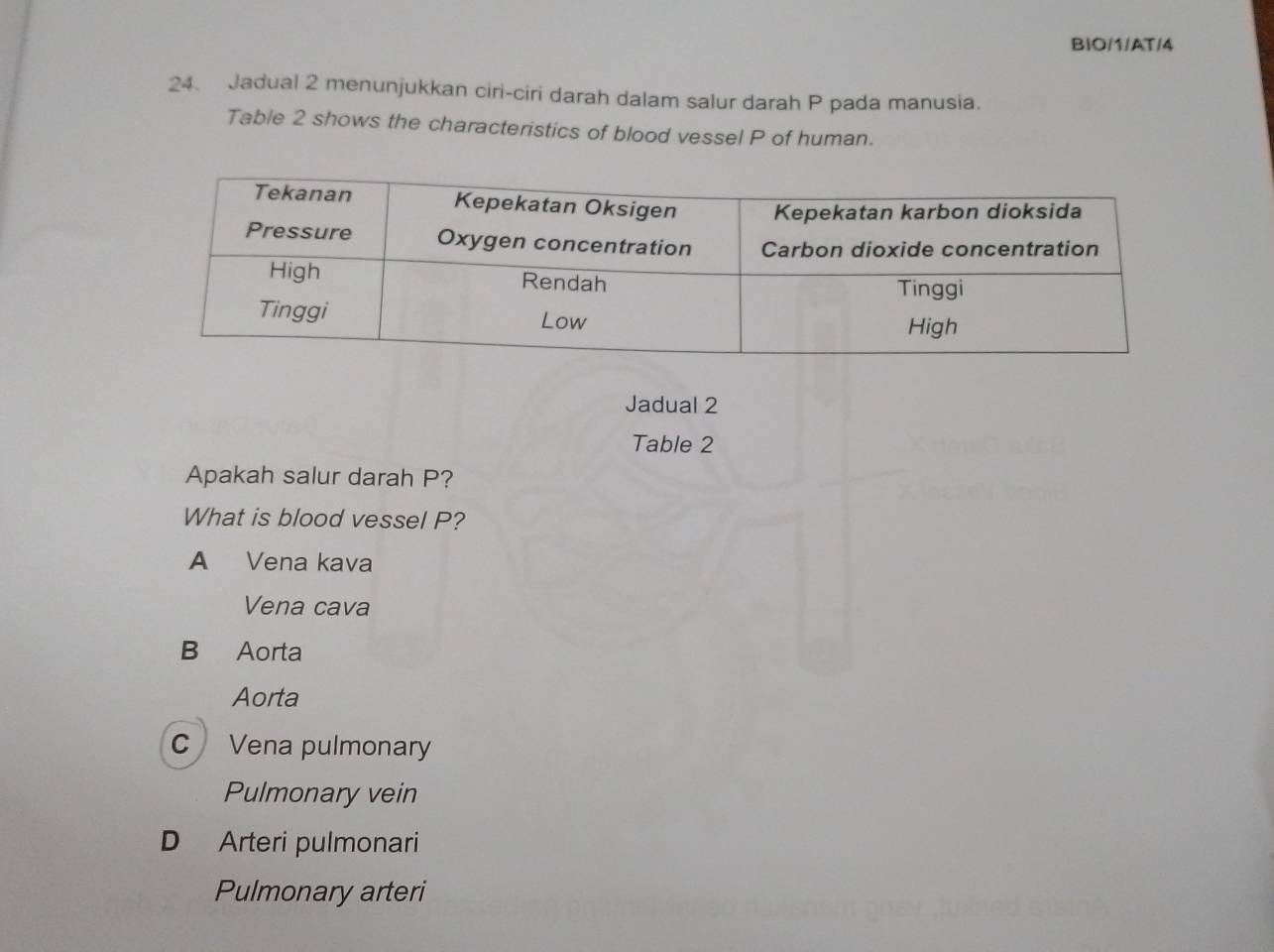 BIO/1/AT/4
24. Jadual 2 menunjukkan ciri-ciri darah dalam salur darah P pada manusia.
Table 2 shows the characteristics of blood vessel P of human.
Jadual 2
Table 2
Apakah salur darah P?
What is blood vessel P?
A Vena kava
Vena cava
B Aorta
Aorta
C Vena pulmonary
Pulmonary vein
D Arteri pulmonari
Pulmonary arteri