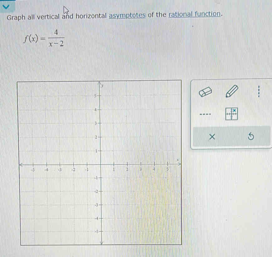 Graph all vertical and horizontal asymptotes of the rational function.
f(x)= 4/x-2 
: 
×