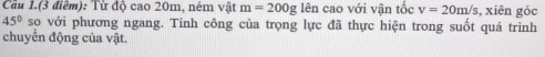 Cầu 1.(3 điêm): Từ độ cao 20m, ném vật m=200g lên cao với vận tốc v=20m/s , xiên góc
45° so với phương ngang. Tính công của trọng lực đã thực hiện trong suốt quá trình 
chuyển động của vật.