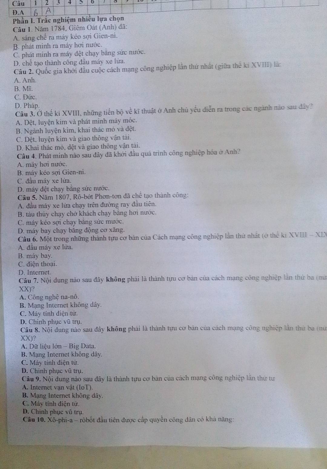 2 3 4 0
D.A
Phần 1. Trắc nghiệm nhiều lựa chọn
Câu 1. Năm 1784, Giêm Oát (Anh) đã:
A. sáng chế ra máy kéo sợi Gien-ni.
B. phát minh ra máy hơi nước.
C. phát minh ra máy dệt chạy băng sức nước.
D. chế tạo thành công đầu máy xe lửa.
Câu 2. Quốc gia khởi đầu cuộc cách mạng công nghiệp lần thứ nhất (giữa thế ki XVIII) là:
A. Anh.
B. Mì.
C. Đức.
D. Pháp.
Câu 3. Ở thế kỉ XVIII, những tiến bộ về kĩ thuật ở Anh chủ yếu diễn ra trong các ngành năo sau đây?
A. Dệt, luyện kim và phát minh máy móc.
B. Ngành luyện kim, khai thác mỏ và đệt.
C. Dệt, luyện kim và giao thông vận tài.
D. Khai thác mỏ, dệt và giao thông vận tái.
Câu 4. Phát minh nào sau đây đã khởi đầu quá trình công nghiệp hóa ở Anh?
A. máy hơi nước.
B. máy kéo sợi Gien-ni.
C. đầu máy xe lửa.
D. máy đệt chạy bằng sức nước.
Câu 5. Năm 1807, Rô-bớt Phơn-tơn đã chế tạo thành công:
A. đầu máy xe lửa chạy trên đường ray đầu tiên.
B. tàu thủy chạy chở khách chạy bằng hơi nước.
C. máy kéo sợi chạy bằng sức mước.
D. máy bay chạy bằng động cơ xăng.
Câu 6. Một trong những thành tựu cơ bản của Cách mạng công nghiệp lần thứ nhất (ở thể ki XVIII - XIX
A. đầu máy xe lửa.
B. máy bay.
C. điện thoại.
D. Internet.
Câu 7. Nội dung nào sau đây không phải là thành tựu cơ bản của cách mạng công nghiệp lần thứ ba (nử
XX)?
A. Công nghệ na-nô.
B. Mạng Internet không dây.
C. Máy tính điện tử.
D. Chính phục vũ trụ.
Câu 8. Nội dung nào sau đây không phải là thành tựu cơ bản của cách mạng công nghiệp lần thứ ba (nư
XX)?
A. Dữ liệu lớn - Big Data.
B. Mạng Internet không dây.
C. Máy tính điện tử.
D. Chinh phục vũ trụ.
Câu 9. Nội dung nào sau dây là thành tựu cơ bản của cách mạng công nghiệp lần thứ tư
A. Internet vạn vật (IoT).
B. Mạng Internet không dây.
C. Máy tính diện tử.
D. Chính phục vũ trụ.
Câu 10. Xô-phi-a - rôbốt đầu tiên được cấp quyền công dân có khá năng: