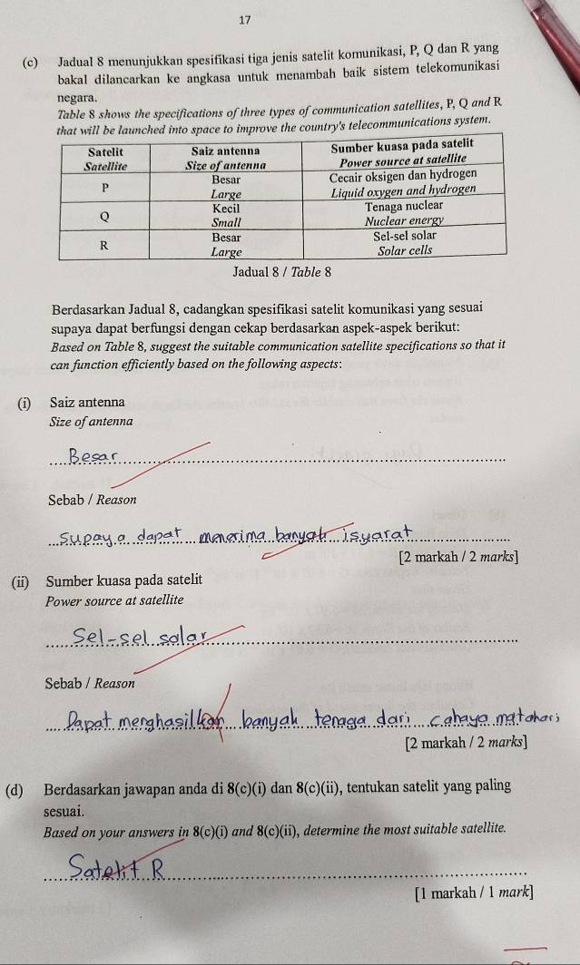 17 
(c) Jadual 8 menunjukkan spesifikasi tiga jenis satelit komunikasi, P, Q dan R yang 
bakal dilancarkan ke angkasa untuk menambah baik sistem telekomunikasi 
negara. 
Table 8 shows the specifications of three types of communication satellites, P, Q and R
rove the country's telecommunications system. 
Jadual 8 / Table 8 
Berdasarkan Jadual 8, cadangkan spesifikasi satelit komunikasi yang sesuai 
supaya dapat berfungsi dengan cekap berdasarkan aspek-aspek berikut: 
Based on Table 8, suggest the suitable communication satellite specifications so that it 
can function efficiently based on the following aspects: 
(i) Saiz antenna 
Size of antenna 
_ 
Sebab / Reason 
_ 
[2 markah / 2 marks] 
(ii) Sumber kuasa pada satelit 
Power source at satellite 
_ 
Sebab / Reason 
_ 
[2 markah / 2 marks] 
(d) Berdasarkan jawapan anda di 8(c)(i) dan 8(c)(ii) , tentukan satelit yang paling 
sesuai. 
Based on your answers in 8(c)(i) and 8(c)(ii) , determine the most suitable satellite. 
_ 
[1 markah / 1 mark] 
_