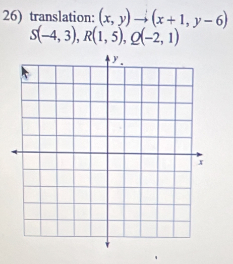 translation: (x,y)to (x+1,y-6)
S(-4,3), R(1,5), Q(-2,1)