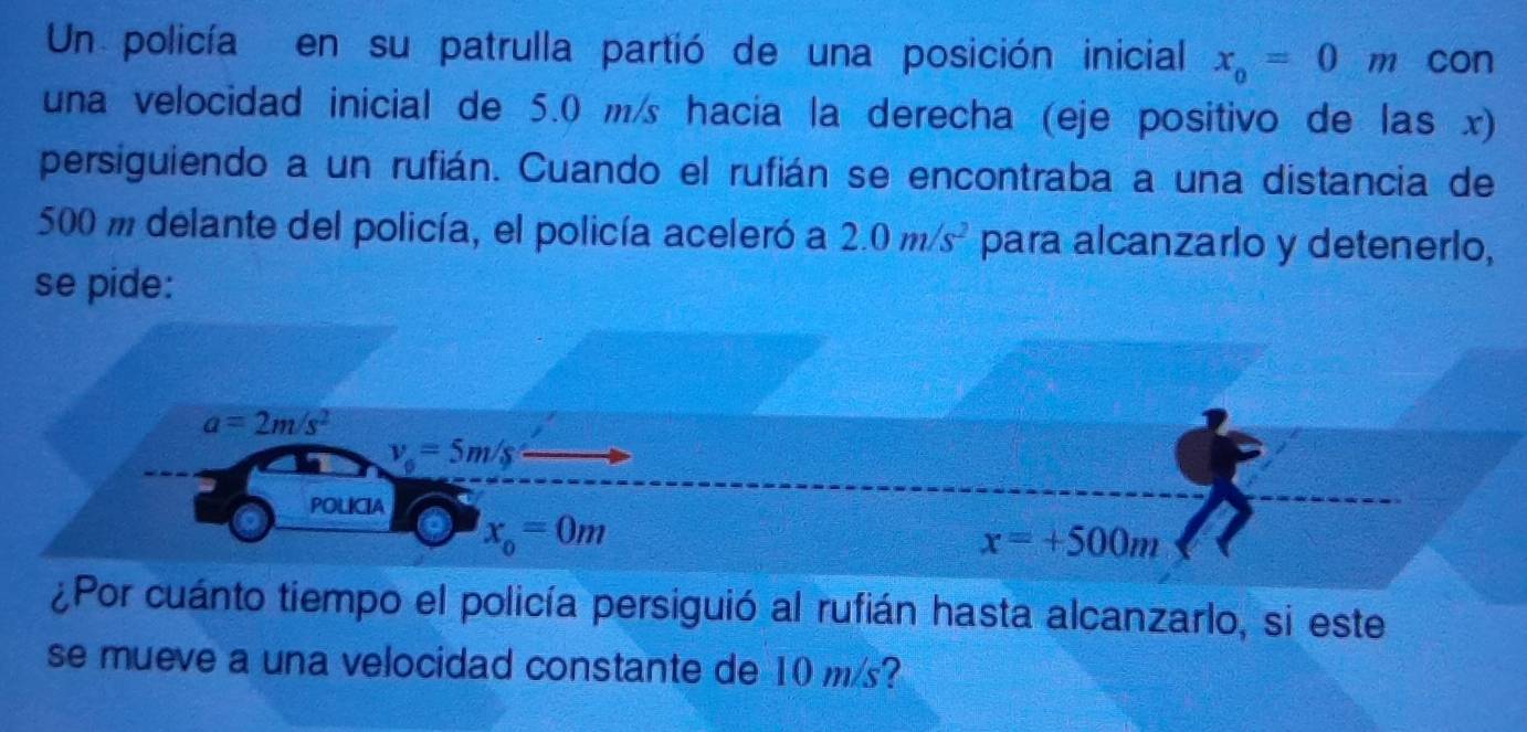 Un policía en su patrulla partió de una posición inicial x_0=0m con 
una velocidad inicial de 5.0 m/s hacía la derecha (eje positivo de las x) 
persiguiendo a un rufián. Cuando el rufián se encontraba a una distancia de
500 m delante del policía, el policía aceleró a 2.0m/s^2 para alcanzarlo y detenerlo, 
se pide:
a=2m/s^2
v_0=5m/s
POLICIA
x_o=0m
x=+500m
¿Por cuánto tiempo el policía persiguió al rufián hasta alcanzarlo, si este 
se mueve a una velocidad constante de 10 ms?