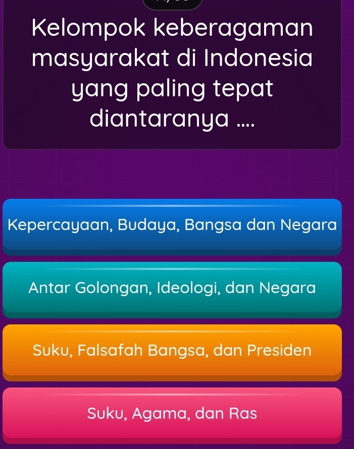 Kelompok keberagaman
masyarakat di Indonesia
yang paling tepat
diantaranya ....
Kepercayaan, Budaya, Bangsa dan Negara
Antar Golongan, Ideologi, dan Negara
Suku, Falsafah Bangsa, dan Presiden
Suku, Agama, dan Ras