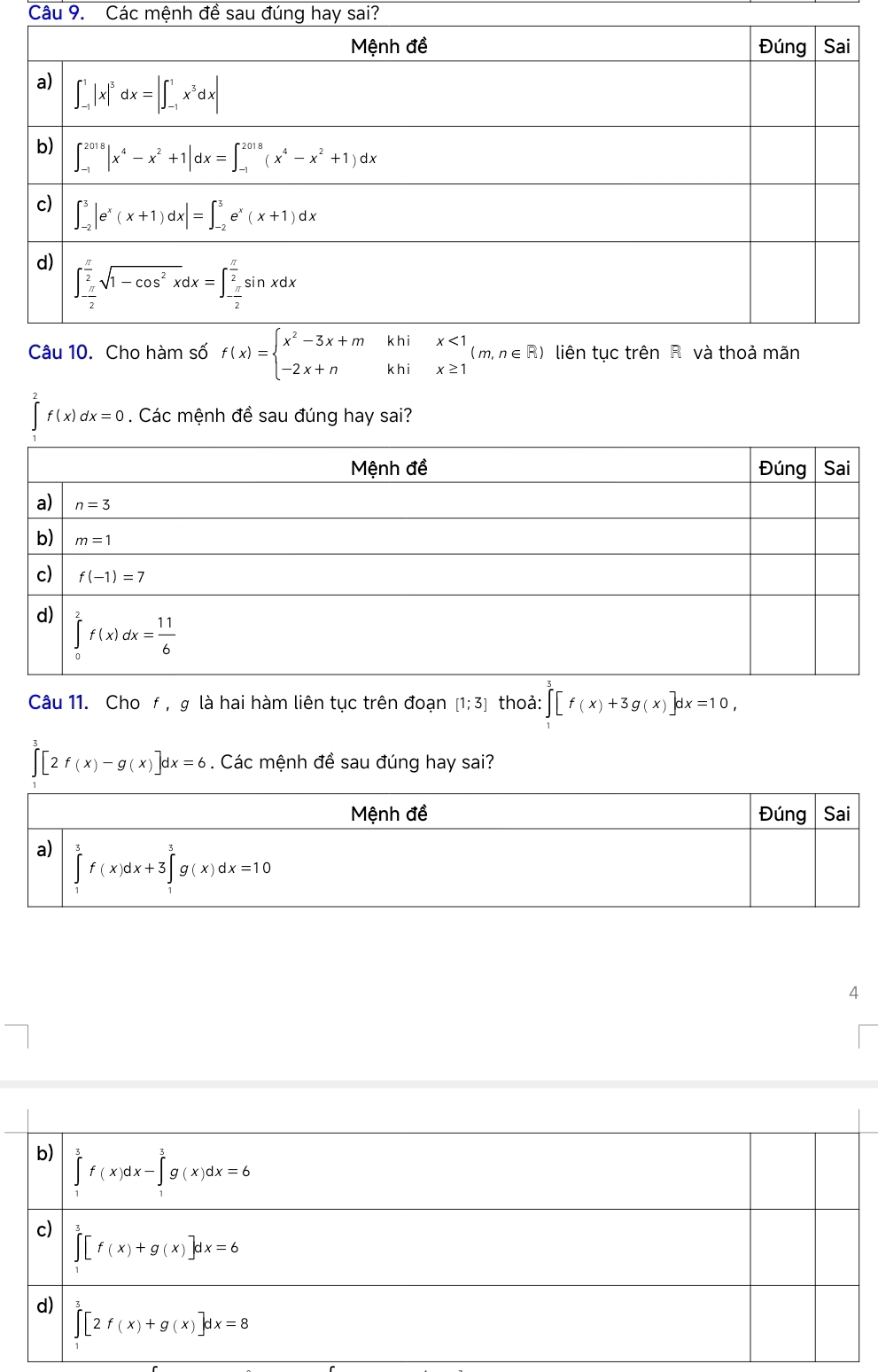 Các mệnh đề sau đúng hay sai?
f(x)dx=0. Các mệnh đề sau đúng hay sai?
Câu 11. Cho f ,g là hai hàm liên tục trên đoạn [1;3] thoả: ∈tlimits _0^3[f(x)+3g(x)]dx=10,
∈tlimits _0^3[2f(x)-g(x)]dx=6. Các mệnh đề sau đúng hay sai?
4