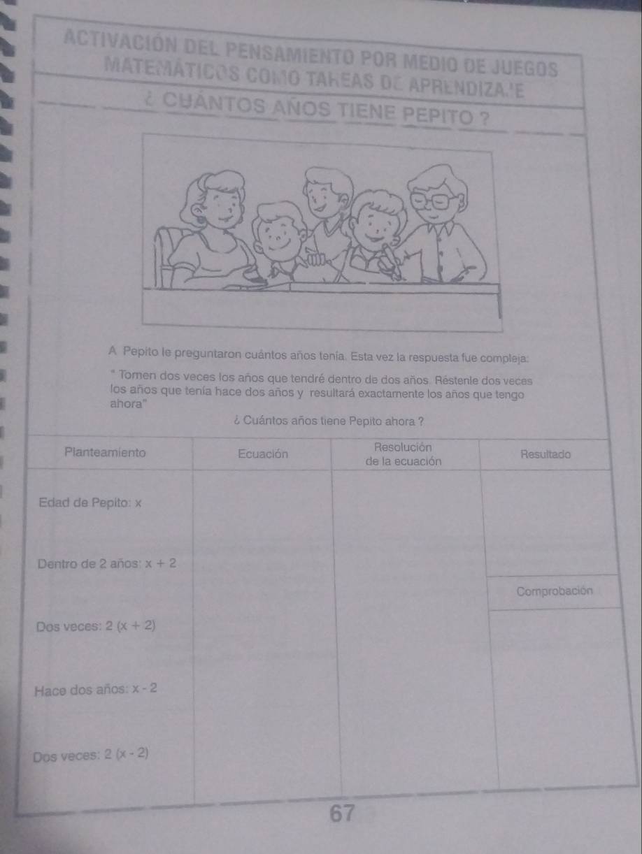 ACtivaCión DEl PEnSAMieNtO por MEdio de JuegoS 
MATEMÁTICOS COMO TAREAS DE APRENDIZA'E 
¿ CUÁNTOS AÑOS TIENE PEPITO ? 
A Pepito le preguntaron cuántos años tenía. Esta vez la respuesta fue compleja: 
* Tomen dos veces los años que tendré dentro de dos años. Réstenle dos veces 
los años que tenía hace dos años y resultará exactamente los años que tengo 
ahora" 
¿ Cuántos años tiene Pepito ahora ? 
Planteamiento Ecuación Resolución Resultado 
de la ecuación 
Edad de Pepito: x
Dentro de 2 años: x+2
Comprobación 
Dos veces: 2(x+2)
Hace dos años: x-2
Dos veces: 2(x-2)
67