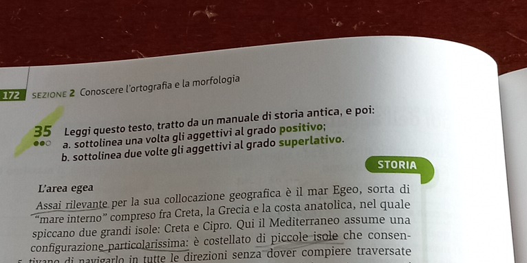 172 sεziOnε 2 Conoscere l'ortografía e la morfologia 
35 Leggi questo testo, tratto da un manuale di storia antica, e poi: 
a. sottolinea una volta gli aggettivi al grado positivo; 
b. sottolinea due volte gli aggettivi al grado superlativo. 
STORIA 
L'area egea 
Assai rilevante per la sua collocazione geografica è il mar Egeo, sorta di 
“mare interno” compreso fra Creta, la Grecia e la costa anatolica, nel quale 
spiccano due grandi isole: Creta e Cipro. Qui il Mediterraneo assume una 
configurazione particolarissima: è costellato di piccole isole che consen- 
tivano di navigarlo in tutte le direzioni senza dover compiere traversate