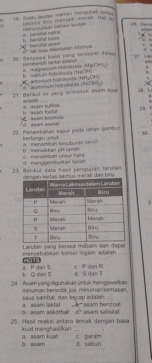 Suatu larutan mampu méngubah kertas
) lakmus biru menjadi merah. Hal in
menunjukkan bahwa larutan ....
26 Dera
adala
a. bersifat netral
b. bersifat basa
b s.bersifat asam
d. tak bisa ditentukan sifatnya
o. k
d.s
n 20. Senyawa basa yang terdapat dalam 27. Lan
pembersih lantai adalah ....
a. magnesium hidroksida (Mg(OH)₂) ada
a.
b. natrium hidroksida (NaOH)
b.
n amonium hidroksida (NH₄OH)
c.
d.  aluminium hidroksida (Al(OH)₃)
21. Berikut ini yang termasuk asam kuat 28. L
a
adalah .... b
a. asam sulfida
b. asam fosfat 29. F
asam bromida
d. asam asetat
22. Penambahan kapur pada lahan gambut
berfungsi untuk 30.
a. menambah kesuburan tanah
b. menaikkan pH tanah
c. menambah unsur hara
d. menggemburkan tanah
23. Berikut data hasil pengujian larutan
s lakmus merah dan biru.
3
Larutan yang berasa masam dan dapat
menyebabkan korosi logam adalah ....
HOTS
a. P dan S c. P dan R
b. Q dan S d. S dan T
24. Asam yang digunakan untuk mengawetkan
minuman bersoda, jus, minuman kemasan,
saus sambal, dan kęcap adalah ....
a. asam laktat asam benzoat
b. asam askorbat d. asam salisilat
25. Hasil reaksi antara lemak dengan basa
kuat menghasilkan_
a. asam kuat c. garam
b. asam d. sabun