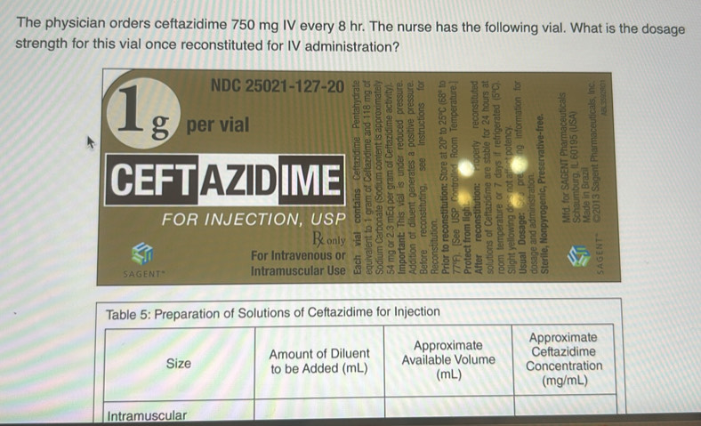 The physician orders ceftazidime 750 mg IV every 8 hr. The nurse has the following vial. What is the dosage 
strength for this vial once reconstituted for IV administration?