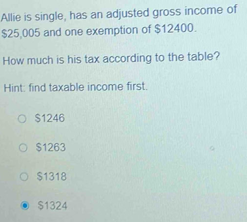 Allie is single, has an adjusted gross income of
$25,005 and one exemption of $12400.
How much is his tax according to the table?
Hint: find taxable income first.
$1246
$1263
$1318
$1324