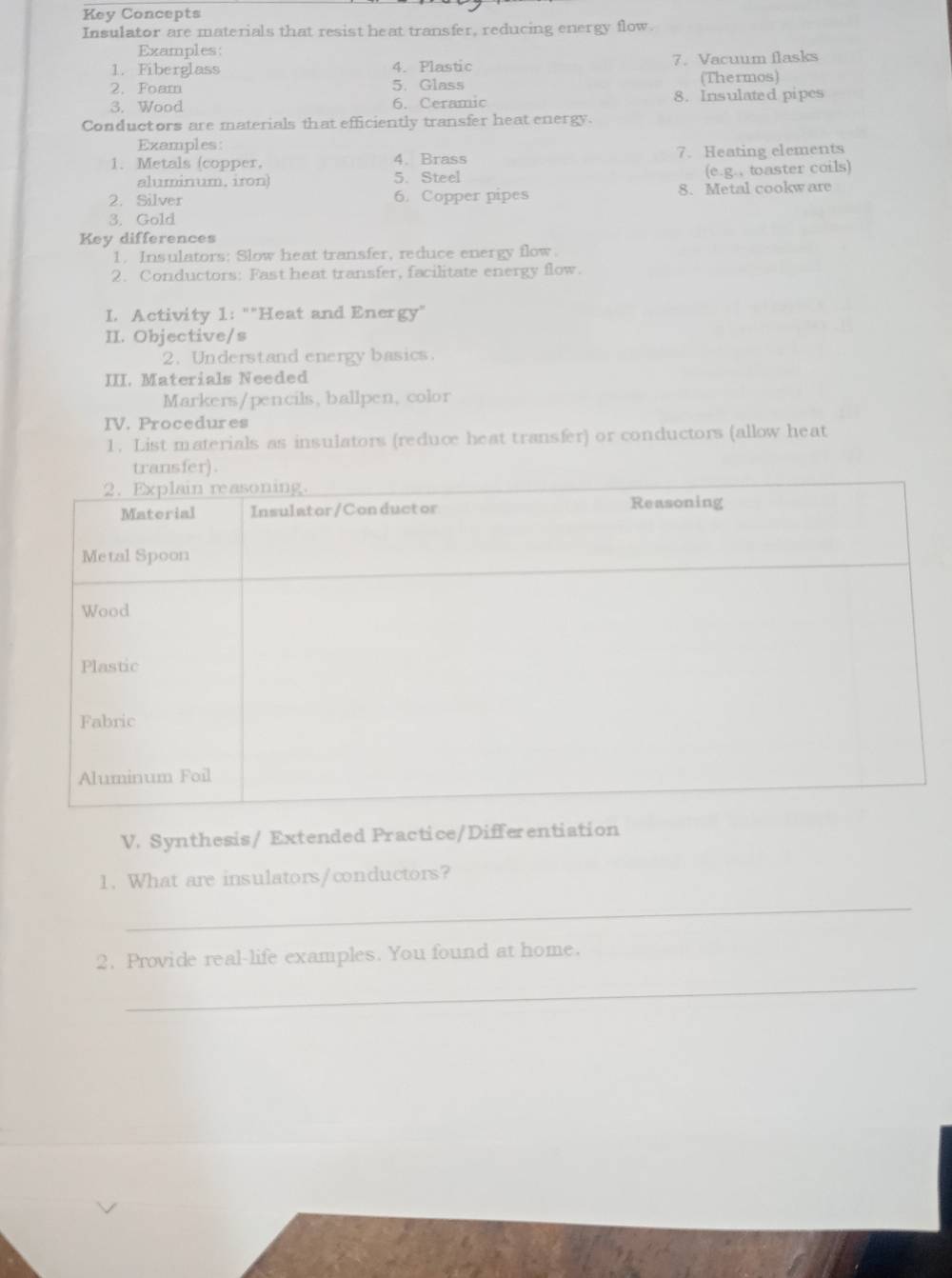 Key Concepts 
Insulator are materials that resist heat transfer, reducing energy flow 
Examples: 
1. Fiberglass 4. Plastic 7. Vacuum flasks 
2. Foam 5.Glass (Thermos) 
3. Wood 6. Ceramic 8. Insulated pipes 
Conductors are materials that efficiently transfer heat energy. 
Examples: 
1.Metals (copper, 4. Brass 7. Heating elements 
aluminum. iron) 5. Steel (e.g., toaster coils) 
2. Silver 6. Copper pipes 8. Metal cookw are 
3. Gold 
Key differences 
1. Insulators: Slow heat transfer, reduce energy flow. 
2. Conductors: Fast heat transfer, facilitate energy flow. 
I. Activity 1: ""Heat and Energy" 
II. Objective/s 
2. Understand energy basics. 
III. Materials Needed 
Markers/pencils, ballpen, color 
IV. Procedures 
1. List materials as insulators (reduce heat transfer) or conductors (allow heat 
transfer). 
V. Synthesis/ Extended Practice/Differentiation 
1. What are insulators/conductors? 
_ 
2. Provide real-life examples. You found at home. 
_