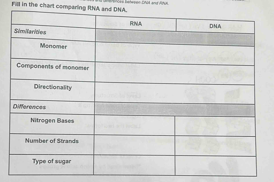 Solved: differences between DNA and RNA. Fill in the chart comparing ...