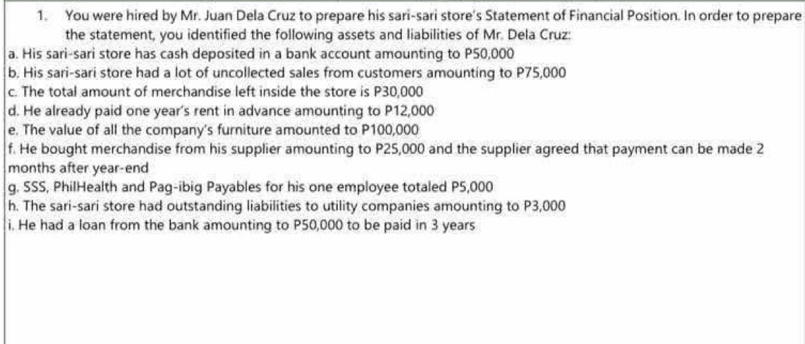 You were hired by Mr. Juan Dela Cruz to prepare his sari-sari store's Statement of Financial Position. In order to prepare 
the statement, you identified the following assets and liabilities of Mr. Dela Cruz: 
a. His sari-sari store has cash deposited in a bank account amounting to P50,000
b. His sari-sari store had a lot of uncollected sales from customers amounting to P75,000
c. The total amount of merchandise left inside the store is P30,000
d. He already paid one year 's rent in advance amounting to P12,000
e. The value of all the company's furniture amounted to P100,000
f. He bought merchandise from his supplier amounting to P25,000 and the supplier agreed that payment can be made 2
months after year -end 
g. SSS, PhilHealth and Pag-ibig Payables for his one employee totaled P5,000
h. The sari-sari store had outstanding liabilities to utility companies amounting to P3,000
i. He had a loan from the bank amounting to P50,000 to be paid in 3 years