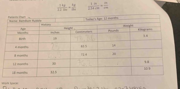  1kg/2.2lbs = kg/lbs   1in/2.54cm = in/cm 
Work Space: