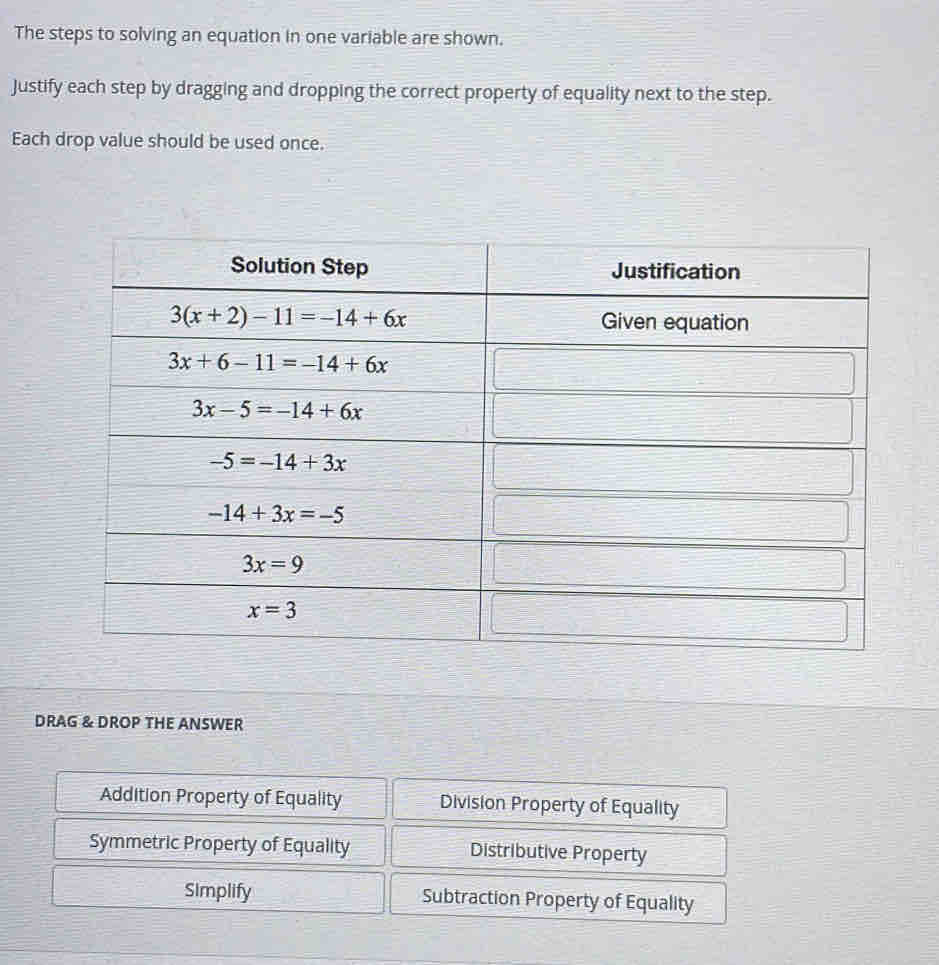 The steps to solving an equation in one variable are shown.
Justify each step by dragging and dropping the correct property of equality next to the step.
Each drop value should be used once.
DRAG & DROP THE ANSWER
Addition Property of Equality Division Property of Equality
Symmetric Property of Equality Distributive Property
Simplify Subtraction Property of Equality