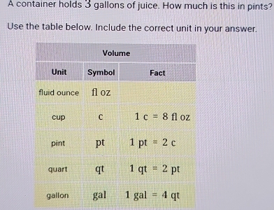 A container holds 3 gallons of juice. How much is this in pints?
Use the table below. Include the correct unit in your answer.