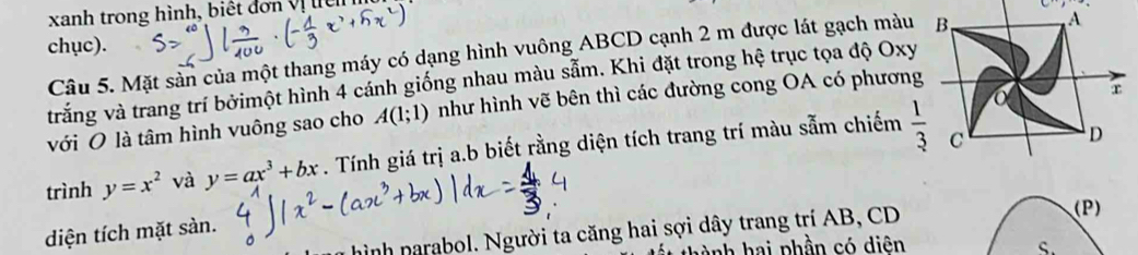 xanh trong hình, biết đơn Vị l ể i
chục).
Câu 5. Mặt sản của một thang máy có dạng hình vuông ABCD cạnh 2 m được lát gạch màu
trắng và trang trí bởimột hình 4 cánh giống nhau màu sẫm. Khi đặt trong hệ trục tọa độ Oxy
với O là tâm hình vuông sao cho A(1;1) như hình vẽ bên thì các đường cong OA có phương
trình y=x^2 và y=ax^3+bx. Tính giá trị a.b biết rằng diện tích trang trí màu sẫm chiếm 
(P)
diện tích mặt sàn.
hình narabol. Người ta căng hai sợi dây trang trí AB, CD
hành hai phần có diên