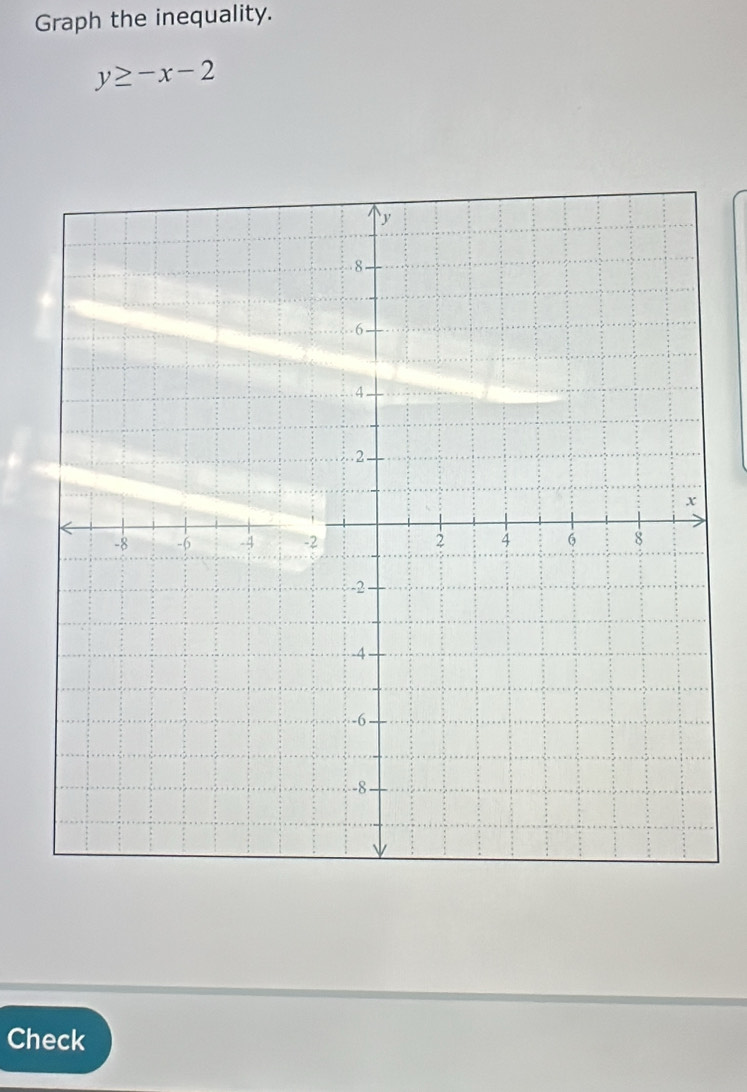 Graph the inequality.
y≥ -x-2
Check