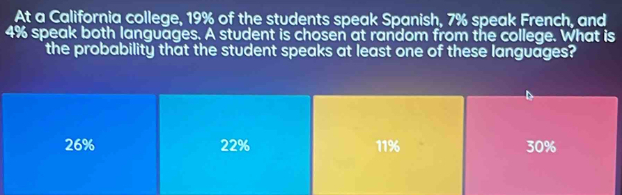 At a California college, 19% of the students speak Spanish, 7% speak French, and
4% speak both languages. A student is chosen at random from the college. What is
the probability that the student speaks at least one of these languages?
26% 22% 11% 30%