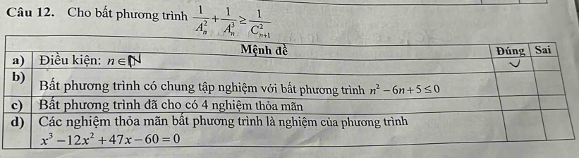 Cho bất phương trình frac 1(A_n)^2+frac 1(A_n)^3≥ frac 1(C_n+1)^2