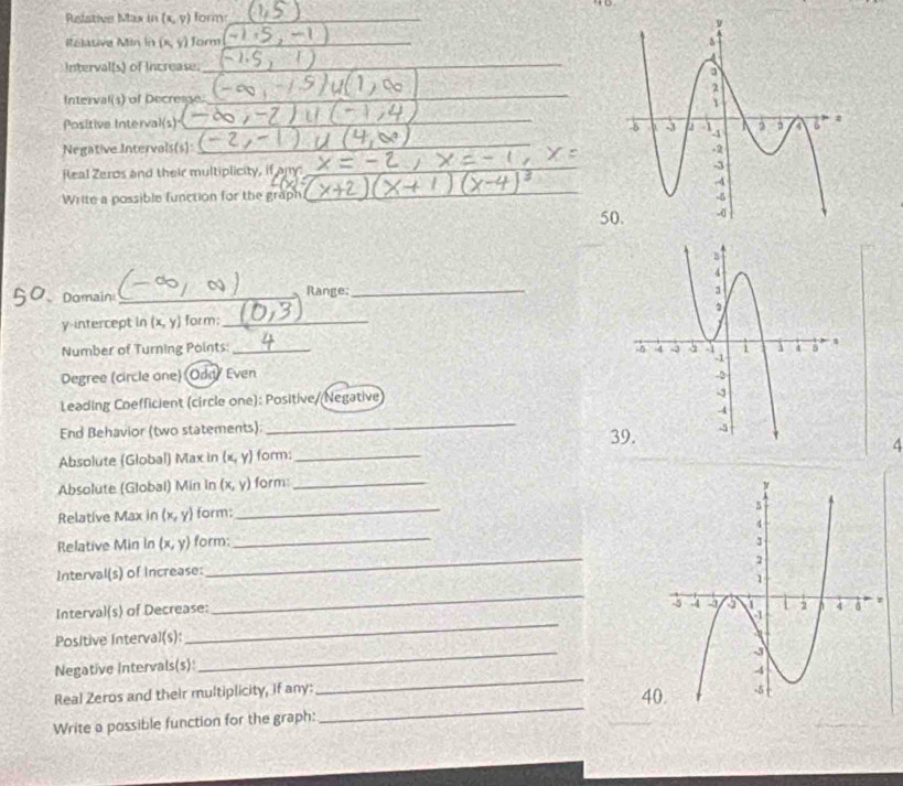 to 
Relstive Max in (x,y) form_ 
Rélative Min in (x,y) Tor_ 
Interval(s) of Increase._ 
_ 
Interval(s) of Decresse. 
_ 
Positive Interval(s) 
_ 
Negative Intervals(s) _ 
Real Zeros and their multiplicity, if any:_ 
_ 
Write a possible function for the graph 
5 
Domain _Range:_ 
y-intercept in (x,y) form;_ 
Number of Turning Points: 
Degree (circle one) (Odd/ Even 
Leading Coefficient (circle one): Positive/(Negative 
End Behavior (two statements): 
_ 
4 
Absolute (Global) Max in (x,y) form:_ 3 
Absolute (Global) Min In (x,y) form_ 
Relative Max in (x,y) form: 
_ 
_ 
Relative Min In (x,y) form; 
Interval(s) of Increase: 
_ 
Interva (s) of Decrease: 
_ 
Positive Interval(s): _ 
Negative Intervals(s) 
_ 
_ 
Real Zeros and their multiplicity, if any: _ 
4 
Write a possible function for the graph: