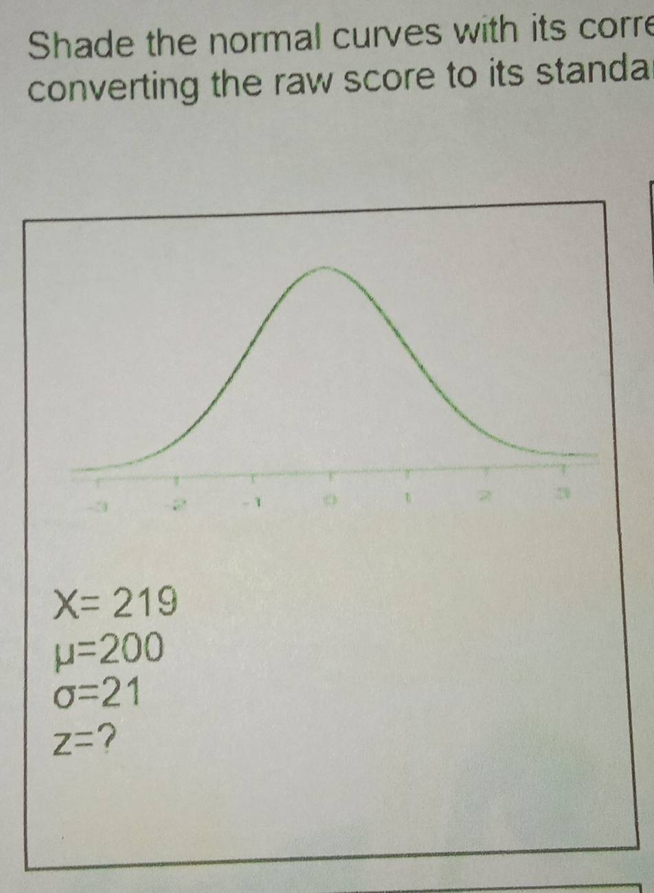 Shade the normal curves with its corre
converting the raw score to its standa
X=219
mu =200
sigma =21
z= 7