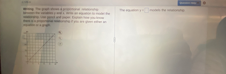 2,7.PS-9 Question Hei 
Writing The graph shows a proportional relationship 
between the variables y and x. Write an equation to model the The equation y=□ modelst he relationship. 
relationship. Use pencil and paper. Explain how you know 
there is a proportional relationship if you are given either an 
equation or a graph.