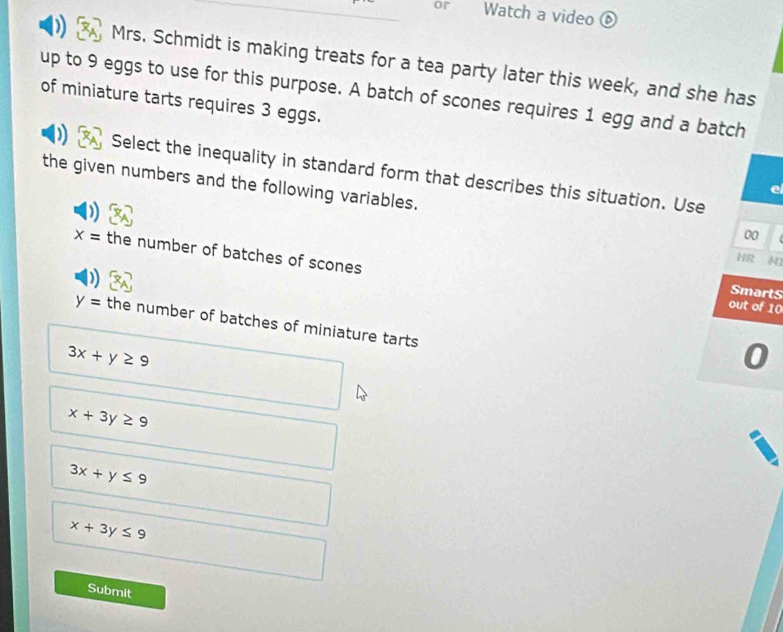 or Watch a video ⑥
Mrs. Schmidt is making treats for a tea party later this week, and she has
up to 9 eggs to use for this purpose. A batch of scones requires 1 egg and a batch
of miniature tarts requires 3 eggs.
Select the inequality in standard form that describes this situation. Use
the given numbers and the following variables.
e
00
x= the number of batches of scones
HR M1
SmartS
out of 10
y= the number of batches of miniature tarts
3x+y≥ 9
0
x+3y≥ 9
3x+y≤ 9
x+3y≤ 9
Submit