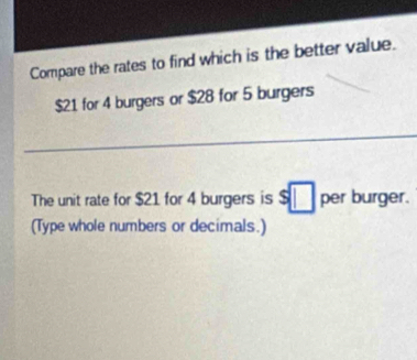 Compare the rates to find which is the better value.
$21 for 4 burgers or $28 for 5 burgers 
The unit rate for $21 for 4 burgers is $□ per burger. 
(Type whole numbers or decimals.)