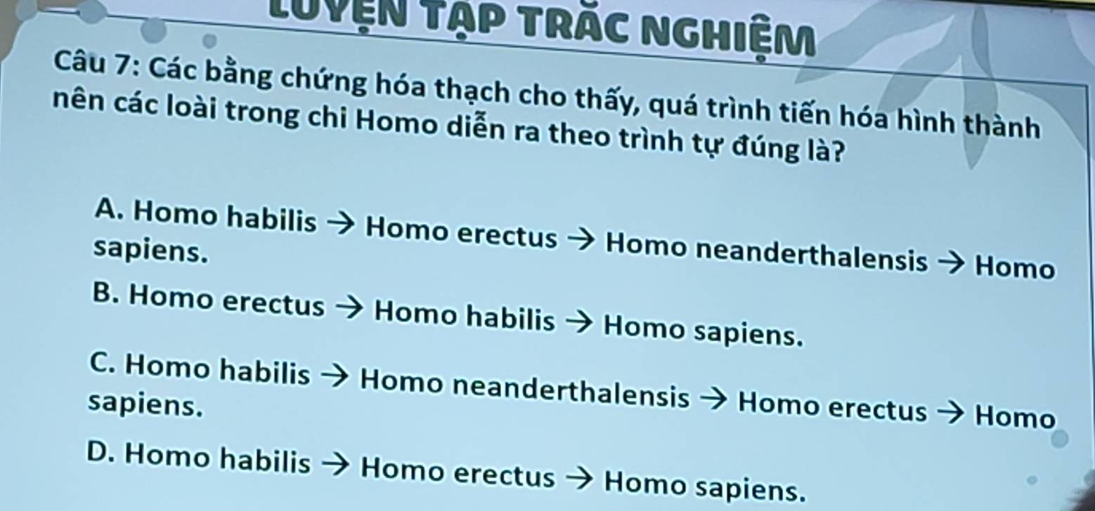 luyện Tập trác nghiệm
Câu 7: Các bằng chứng hóa thạch cho thấy, quá trình tiến hóa hình thành
cên các loài trong chi Homo diễn ra theo trình tự đúng là?
A. Homo habilis Homo erectus Homo neanderthalensis Homo
sapiens.
B. Homo erectus Homo habilis Homo sapiens.
C. Homo habilis Homo neanderthalensis
sapiens. Homo erectus Homo
D. Homo habilis Homo erectus Homo sapiens.