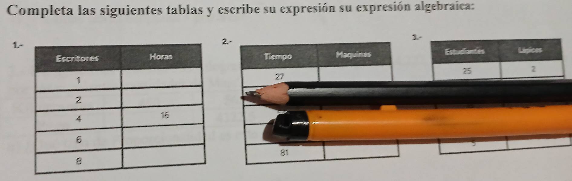 Completa las siguientes tablas y escribe su expresión su expresión algebraica: 
3. 
1. 
2.- 
Tiempo Maquinas
27
81