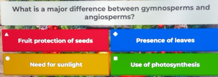 Solved: What is a major difference between gymnosperms and angiosperms ...