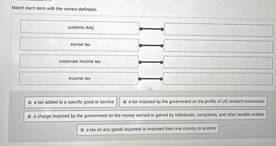 Match each term with the correct definition.
customs duty
excise tax
corporate income tax
income tax
a tax added to a specific good or service a tax imposed by the government on the profits of US resident businesses
a charge imposed by the government on the money earned or gained by individuals, companies, and other taxable entities
#: a tax on any goods exported or imported from one country to another