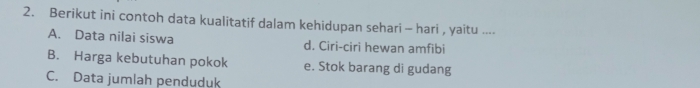 Berikut ini contoh data kualitatif dalam kehidupan sehari - hari , yaitu ....
A. Data nilai siswa d. Ciri-ciri hewan amfibi
B. Harga kebutuhan pokok e. Stok barang di gudang
C. Data jumlah penduduk