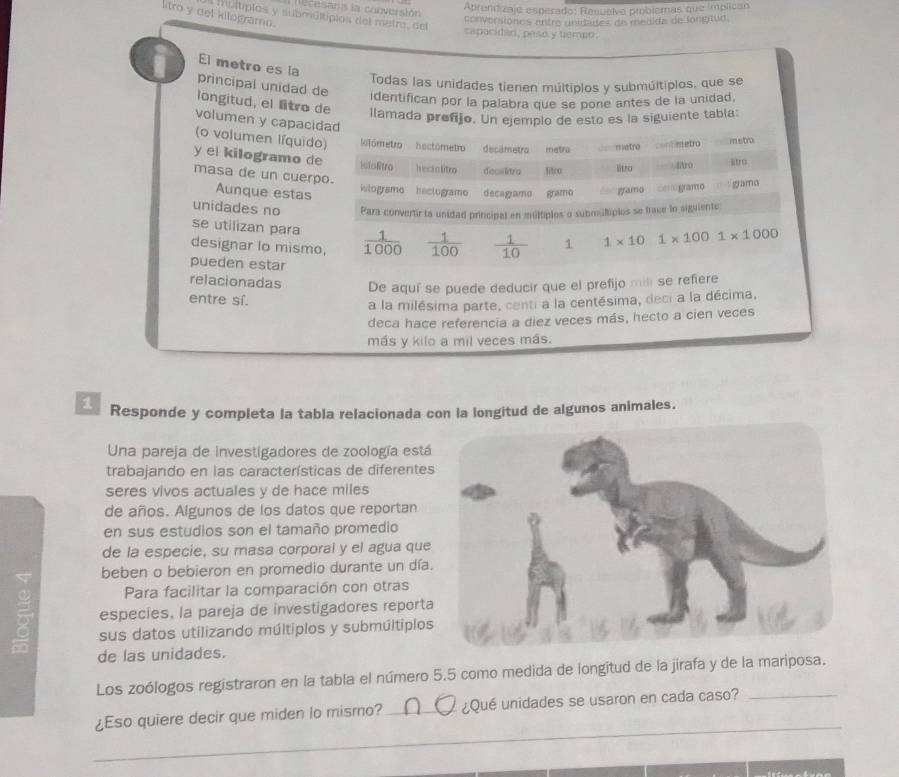 esesans la conversión
Abrendizaje esperado: Fesuelve probiemas que implican
litro y det kitogramo.
múltiplos y submúltipios del metro, del
conversiones antra dnmsates de medida de longitua.
capacidad, peso y tempo.
El metro es la
Todas las unidades tienen múltiplos y submúltiplos, que se
principal unidad de identifican por la palabra que se pone antes de la unidad,
longitud, el ltro de llamada prefijo. Un ejemplo de esto es la siguiente tabla:
volumen y capacidad
(o volumen líquido) klómetro hectómetro decâmetro metro ===metro ====metro metro
y el kilogramo de ictoltro hectalitro deculitry ltco litro  ltro “o
masa de un cuerpo. Aunque estas kilogramo heclogramo decagramo gramo gramo cegramo gramo
unidades no Para convertir ta unidad principal en múltiplos o submúltiplos se frace lo siguiente
se utilizan para
designar lo mismo,  1/1000   1/100   1/10  1 1* 10 1* 1001* 1000
pueden estar
relacionadas De aquí se puede deducir que el prefijo milli se refiere
entre sí.
a la milésima parte, centi a la centésima, deci a la décima,
deca hace referencia a diez veces más, hecto a cien veces
más y kilo a mil veces más.
1 Responde y completa la tabla relacionada con la longitud de algunos animales.
Una pareja de investigadores de zoología está
trabajando en las características de diferentes
seres vivos actuales y de hace miles
de años. Algunos de los datos que reportan
en sus estudios son el tamaño promedio
de la especie, su masa corporal y el agua que
beben o bebieron en promedio durante un día.
Para facilitar la comparación con otras
especies, la pareja de investigadores reporta
5 sus datos utilizando múltiplos y submúltiplos
de las unidades.
Los zoólogos registraron en la tabla el número 5.5 como medida de longitud de la jirafa y de la mariposa.
_
¿Eso quiere decir que miden lo mismo? _¿Qué unidades se usaron en cada caso?_
_