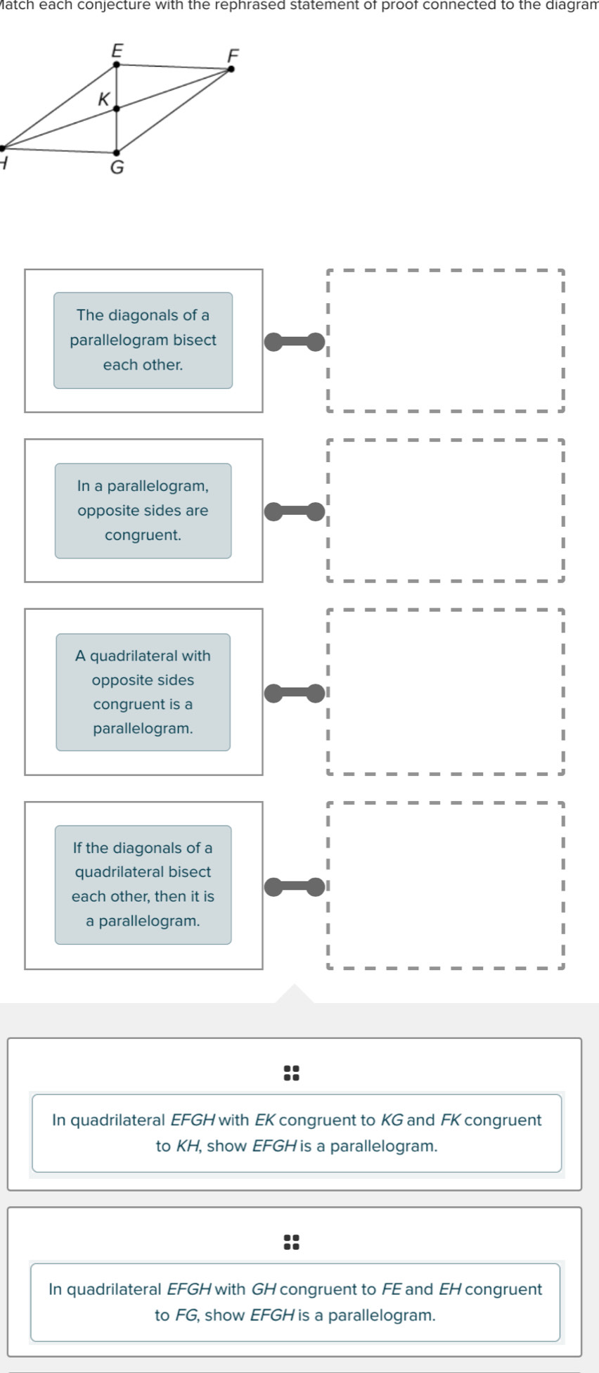 atch each conjecture with the rephrased statement of proof connected to the diagrar
The diagonals of a
parallelogram bisect
each other.
In a parallelogram,
opposite sides are
congruent.
A quadrilateral with
opposite sides
congruent is a
parallelogram.
If the diagonals of a
quadrilateral bisect
each other, then it is
a parallelogram.
In quadrilateral EFGH with EK congruent to KG and FK congruent
to KH, show EFGH is a parallelogram.
In quadrilateral EFGH with GH congruent to FE and EH congruent
to FG, show EFGH is a parallelogram.