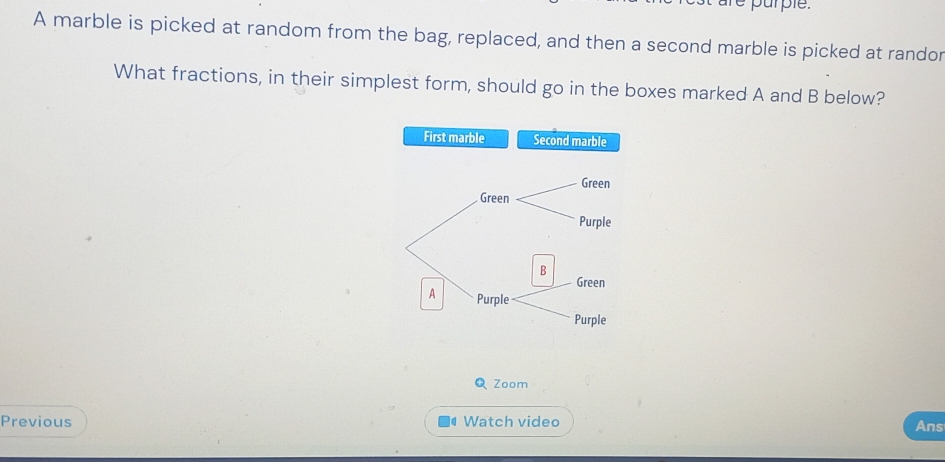 re purple . 
A marble is picked at random from the bag, replaced, and then a second marble is picked at randor 
What fractions, in their simplest form, should go in the boxes marked A and B below? 
First marble Second marble 
Q Zoom 
Previous Watch video Ans 
d