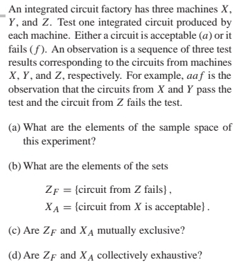 An integrated circuit factory has three machines X,
Y, and Z. Test one integrated circuit produced by 
each machine. Either a circuit is acceptable (a) or it 
fails ( ƒ ). An observation is a sequence of three test 
results corresponding to the circuits from machines
X, Y, and Z, respectively. For example, aa f is the 
observation that the circuits from X and Y pass the 
test and the circuit from Z fails the test. 
(a) What are the elements of the sample space of 
this experiment? 
(b) What are the elements of the sets
Z_F= circuit from Z fails ,
X_A= circuit from X is acceptable . 
(c) Are Z_F and X_A mutually exclusive? 
(d) Are. Z_F and X_A collectively exhaustive?