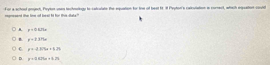 For a school project, Peyton uses technology to calculate the equation for line of best fit. If Peyton's calculation is correct, which equation could
represent the line of best fit for this data?
A. y=0.625x
B. y=2.375x
C. y=-2.375x+5.25
D. y=0.625x+5.25