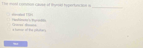 The most common cause of thyroid hyperfunction is_
elevated TSH.
Hashimoto's thyroiditis
Graves' disease
a tumor of the pituitary.
Nead