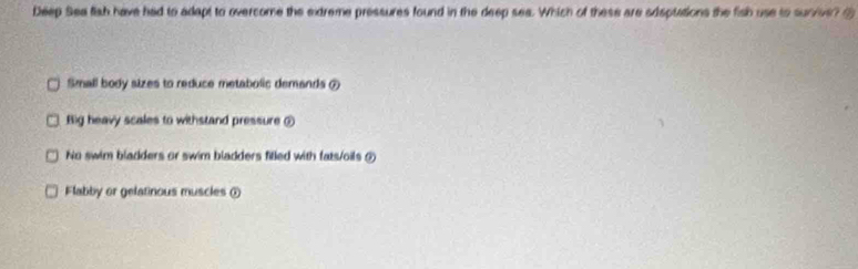 Deep Sea flsh have had to adapt to overcome the exdreme pressures found in the deep sea. Which of these are adsptations the fish use to survive? ②
Small body sizes to reduce metabolic demands ()
Big heavy scales to withstand pressure ⑤
No swim bladders or swim bladders filled with fats/oils ⑦
Flabby or gelatinous muscles ①